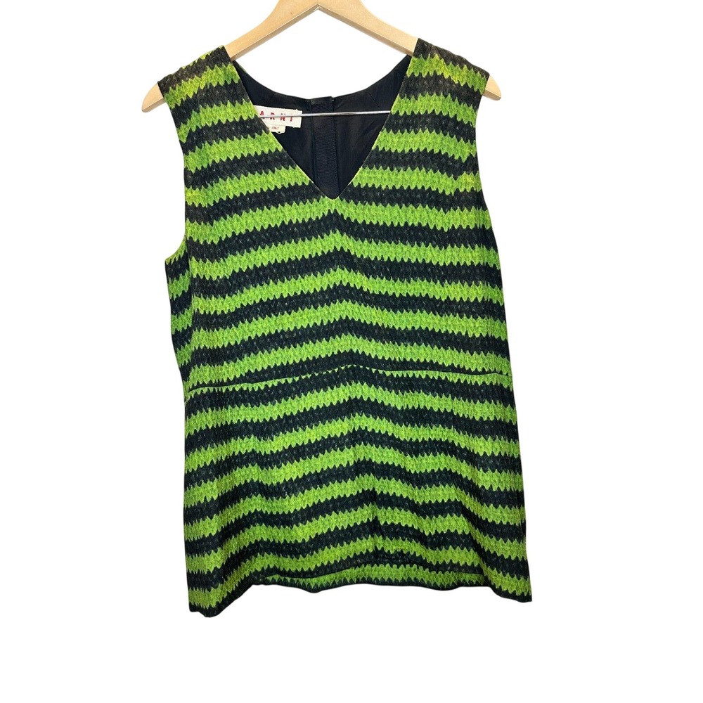 Marni Sleeveless Top Womens 44 Green Black Chevron Silk Blend Made in Italy